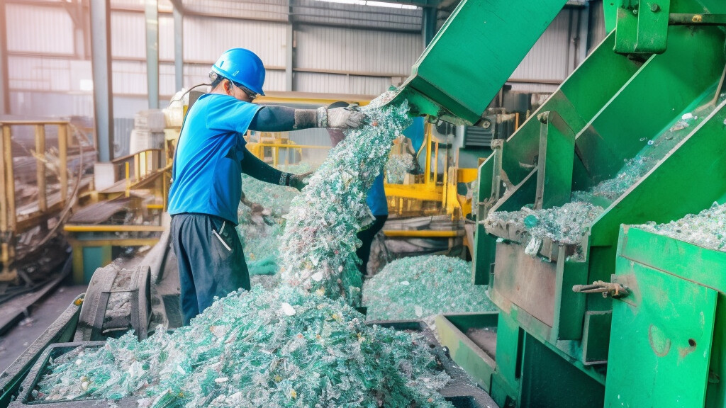 Człowiek w niebieskim uniformie przeprowadza proces recyklingu szkła w fabryce